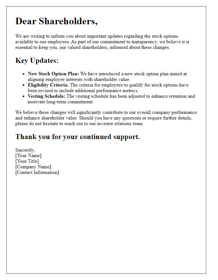 Letter template of disclosure for shareholders about stock option updates