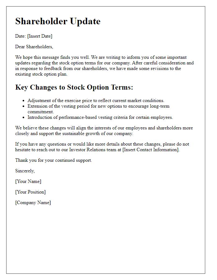 Letter template of shareholder update on revised stock option terms