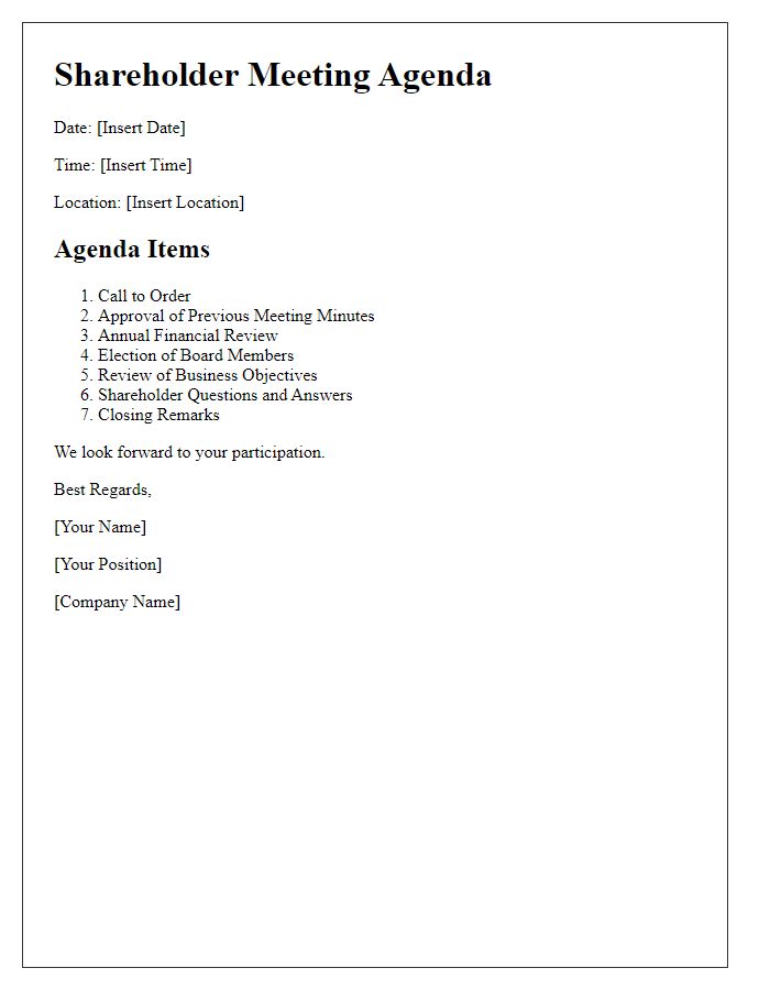 Letter template of shareholder meeting agenda for annual review