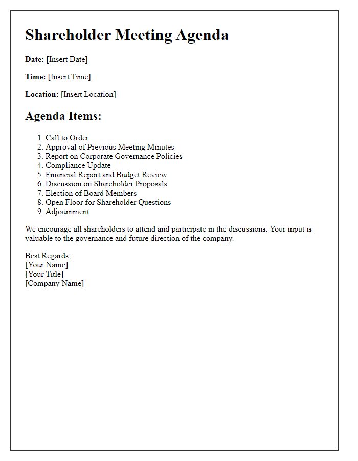 Letter template of shareholder meeting agenda for compliance and governance