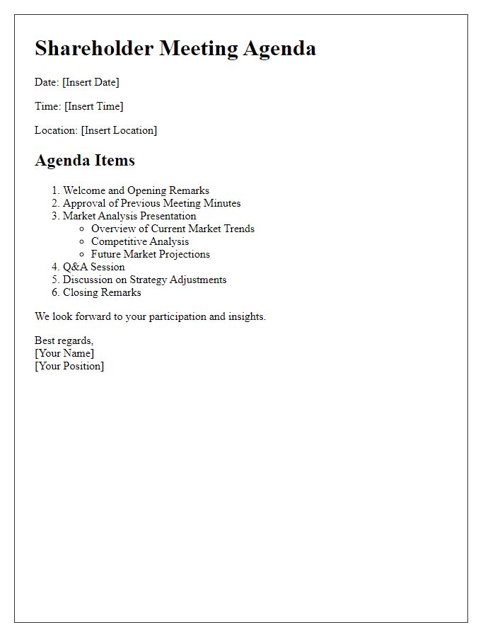 Letter template of shareholder meeting agenda for market analysis presentation