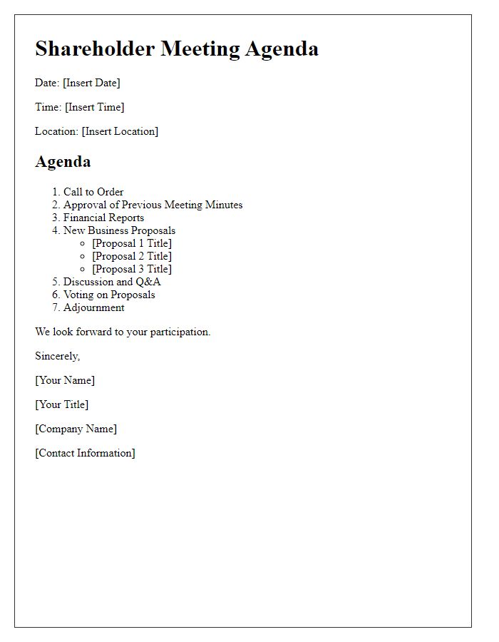 Letter template of shareholder meeting agenda for new business proposals