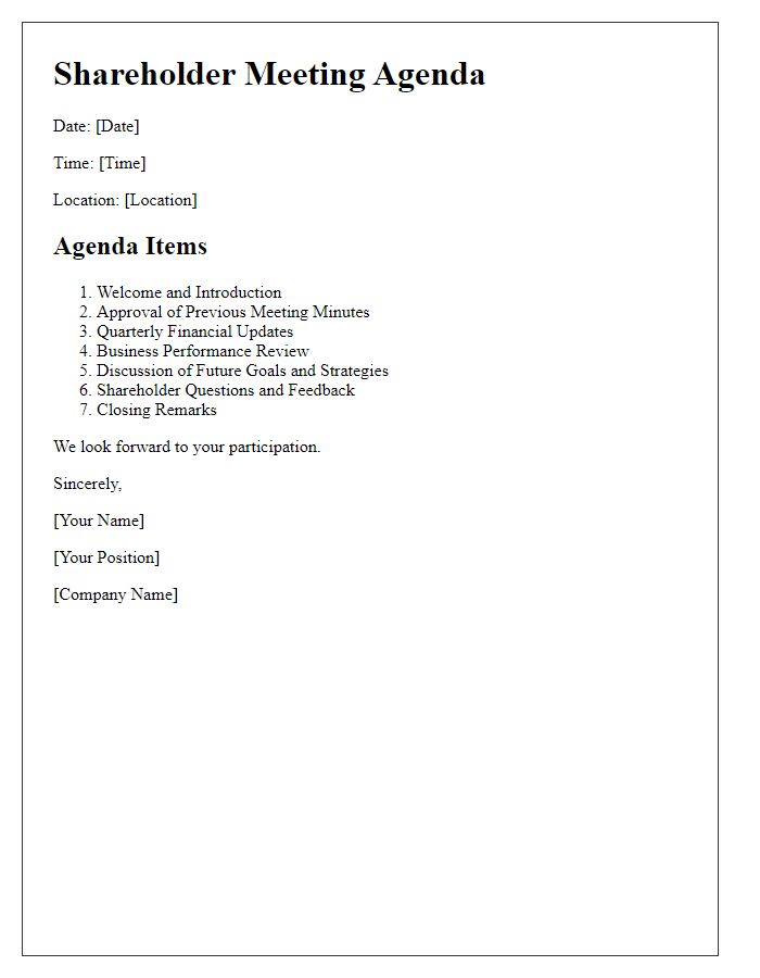 Letter template of shareholder meeting agenda for quarterly updates