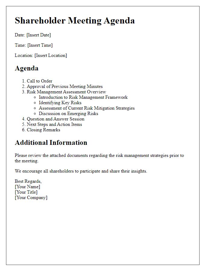 Letter template of shareholder meeting agenda for risk management assessment