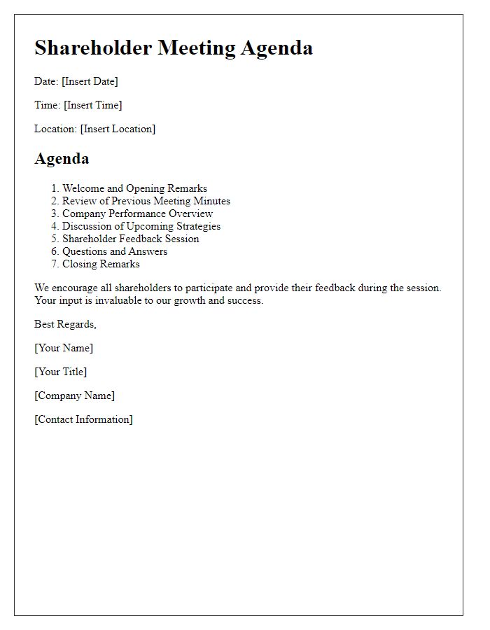 Letter template of shareholder meeting agenda for shareholder feedback session