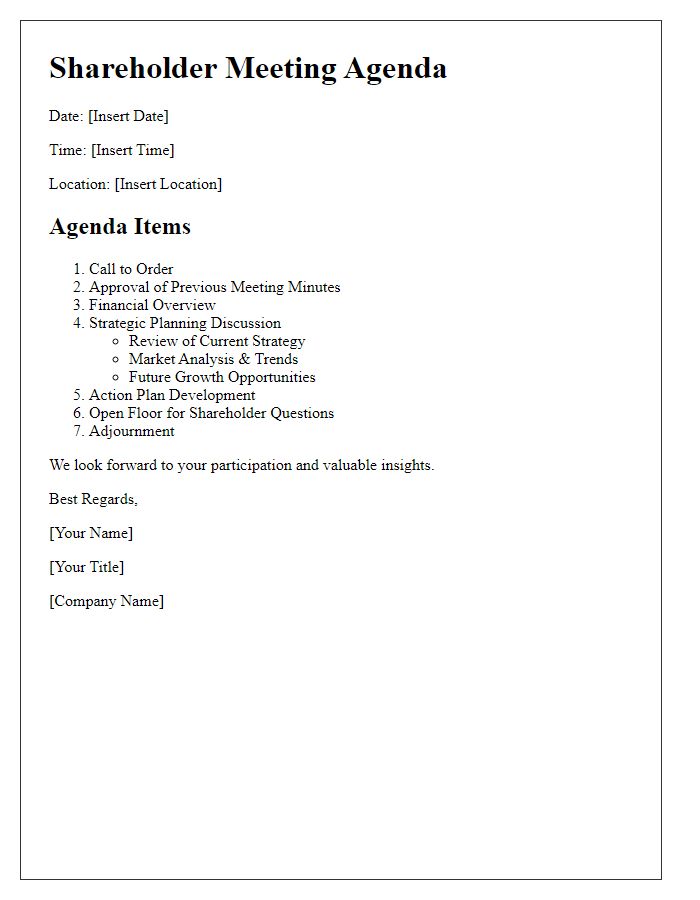 Letter template of shareholder meeting agenda for strategic planning