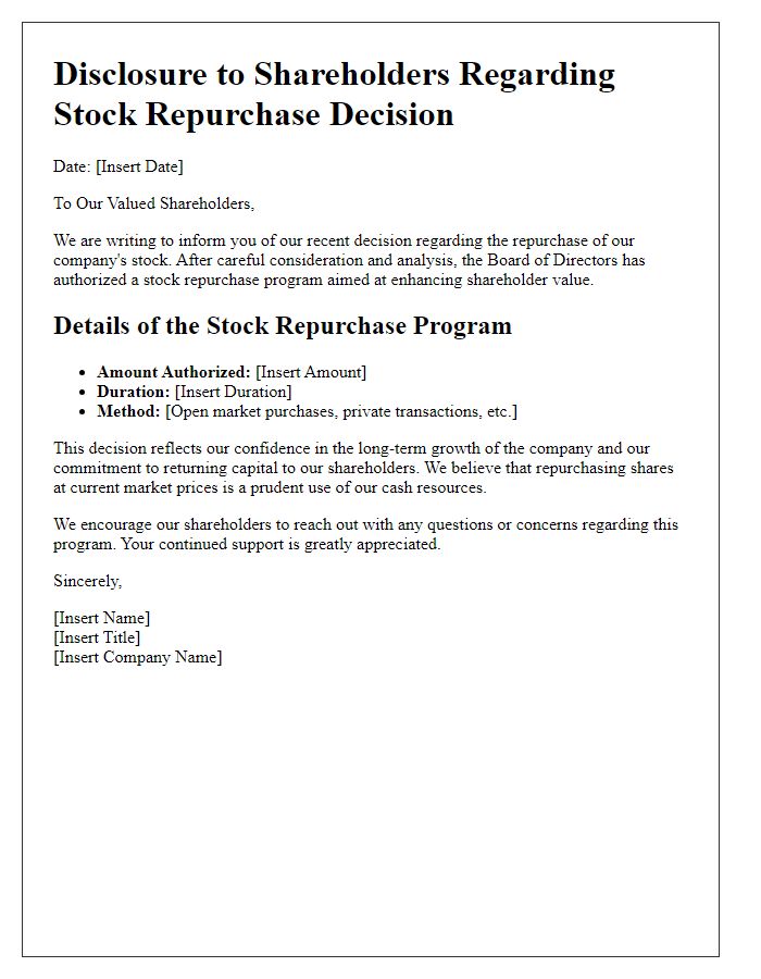 Letter template of Disclosure to Shareholders on Stock Repurchase Decision