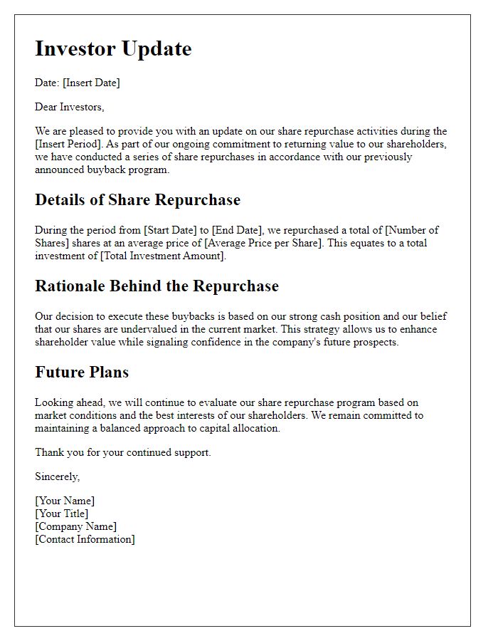 Letter template of Investor Update on Company Share Repurchase Activities