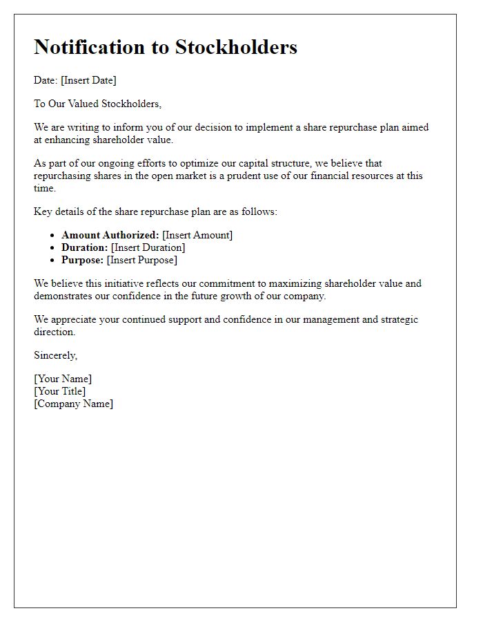 Letter template of Notification to Stockholders About Share Repurchase Plans