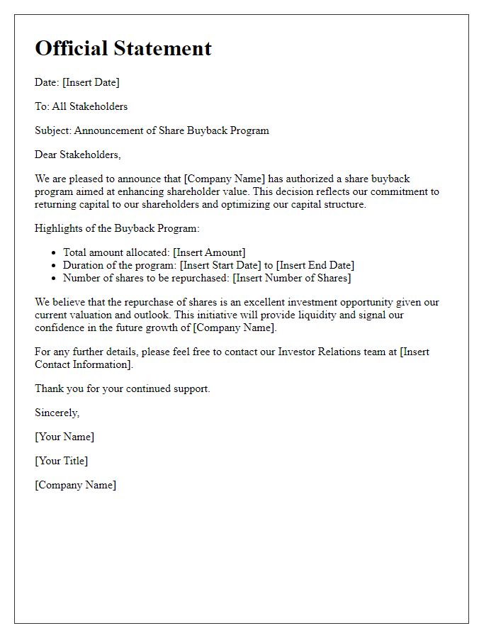 Letter template of Official Statement on Share Buyback Program Launch