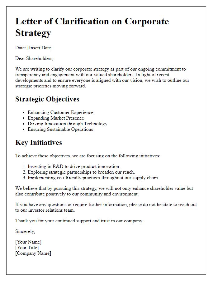 Letter template of clarification on corporate strategy for shareholders.