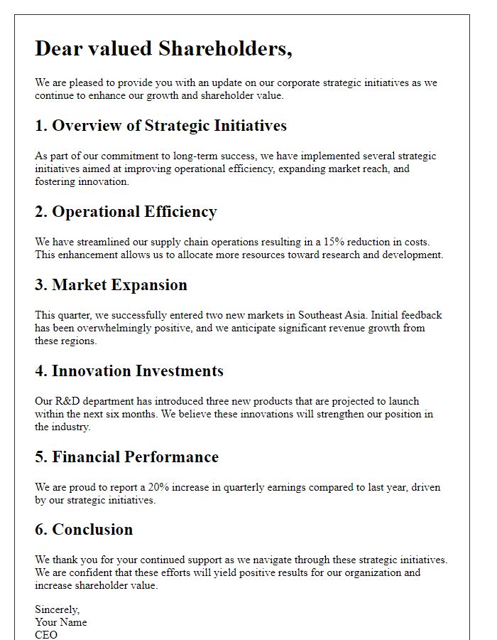 Letter template of detailed shareholder update on corporate strategic initiatives.