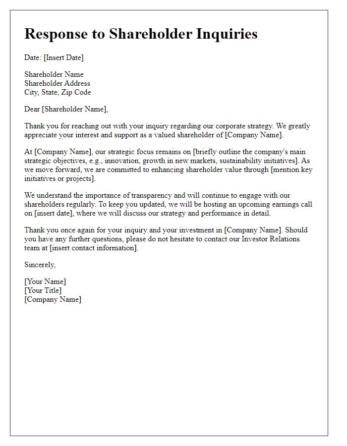 Letter template of response to shareholder inquiries on corporate strategy.