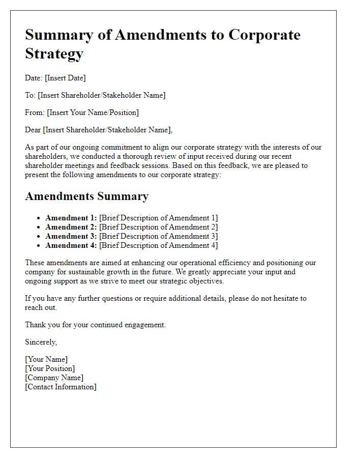 Letter template of summary of amendments to corporate strategy based on shareholder input.