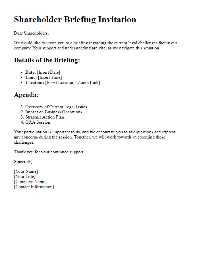 Letter template of Shareholder Briefing on Current Legal Challenges