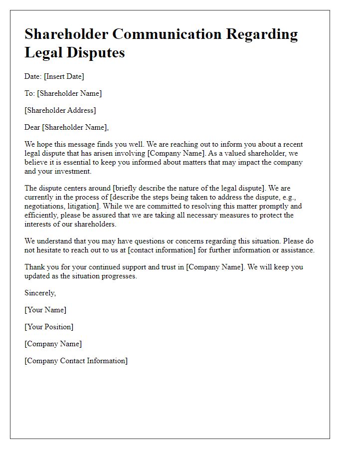 Letter template of Shareholder Communication Concerning Legal Disputes