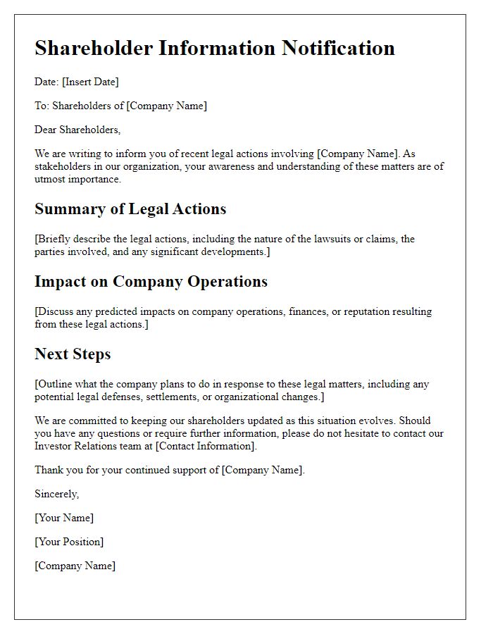 Letter template of Shareholder Information on Legal Actions Against Company