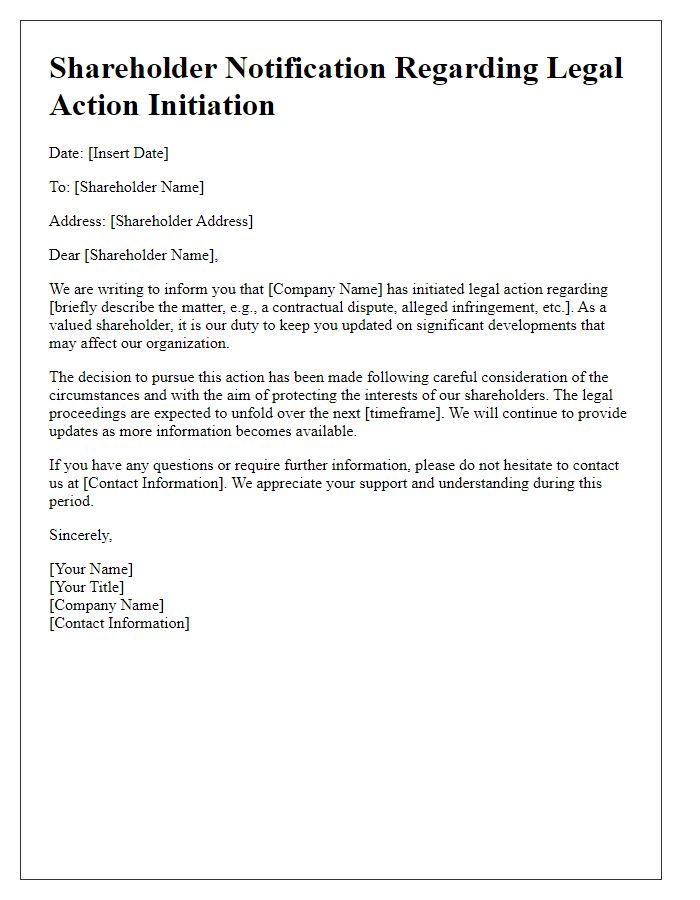 Letter template of Shareholder Notification Regarding Legal Action Initiation