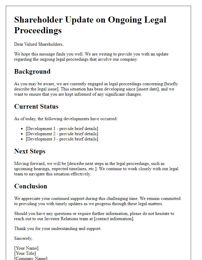 Letter template of Shareholder Update on Ongoing Legal Proceedings