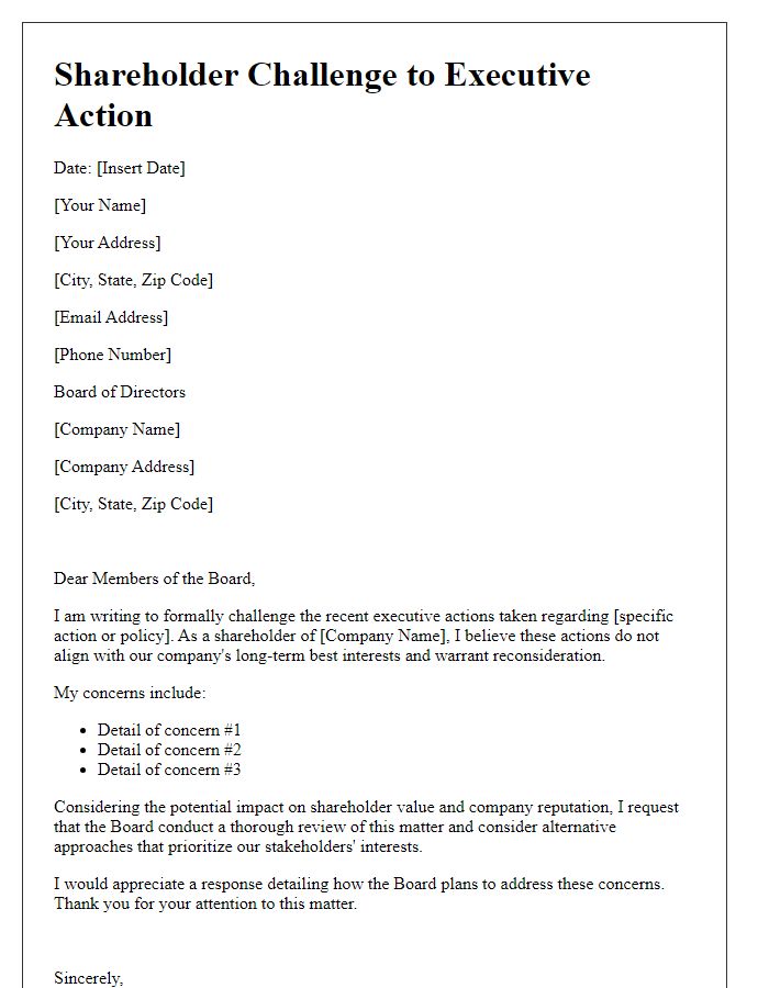 Letter template of shareholder challenge to executive action