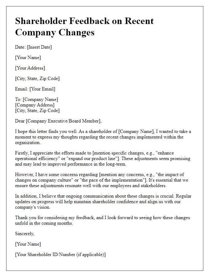 Letter template of shareholder feedback on recent company changes