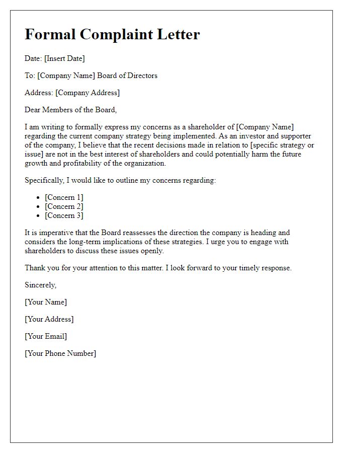 Letter template of shareholder formal complaint about company strategy