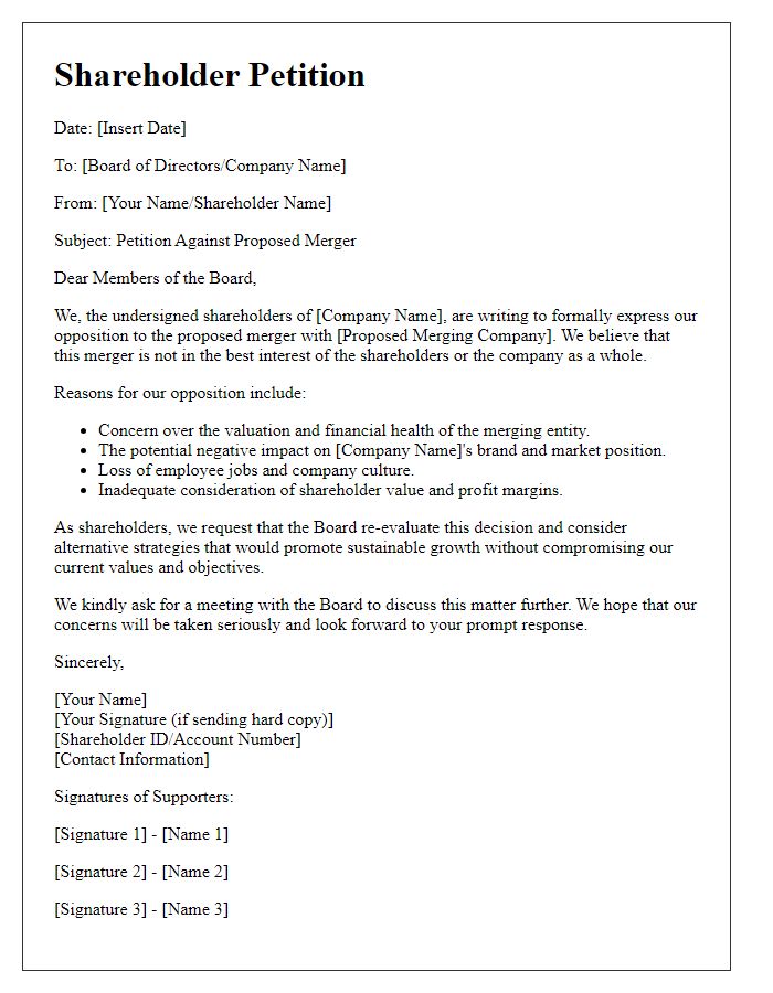 Letter template of shareholder petition against proposed merger