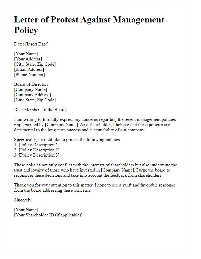 Letter template of shareholder protest against management policy