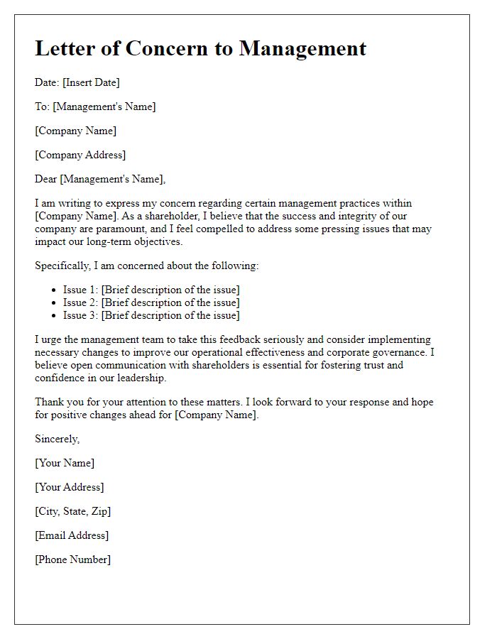 Letter template of shareholder concern regarding management practices