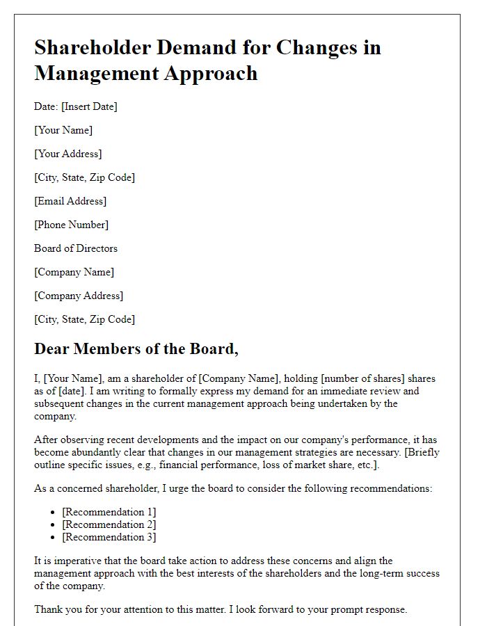 Letter template of shareholder demand for changes in management approach