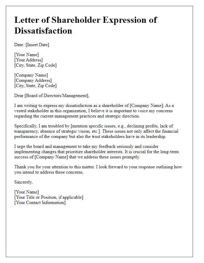 Letter template of shareholder expression of dissatisfaction with management