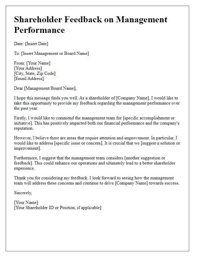 Letter template of shareholder feedback on management performance