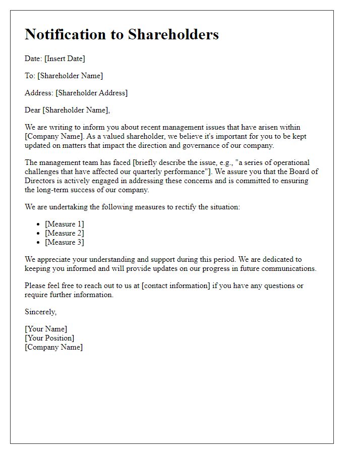 Letter template of shareholder notification on management issues