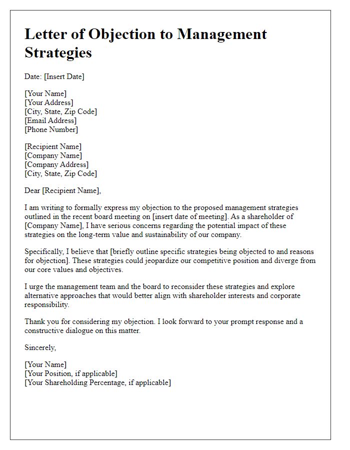 Letter template of shareholder objection to management strategies