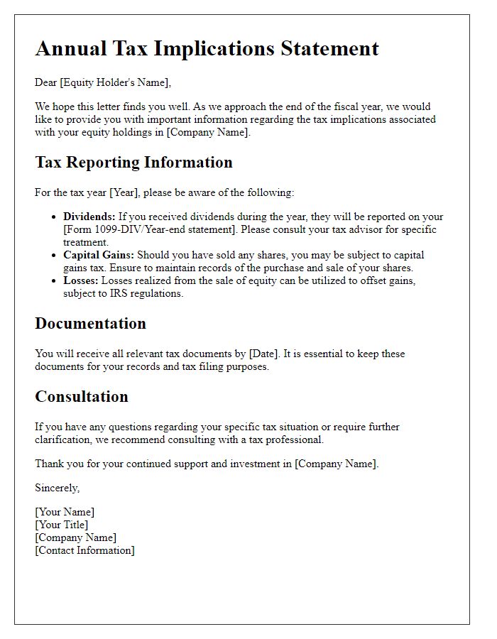 Letter template of annual tax implications for equity holders.