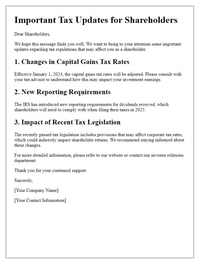 Letter template of important tax updates for shareholders.