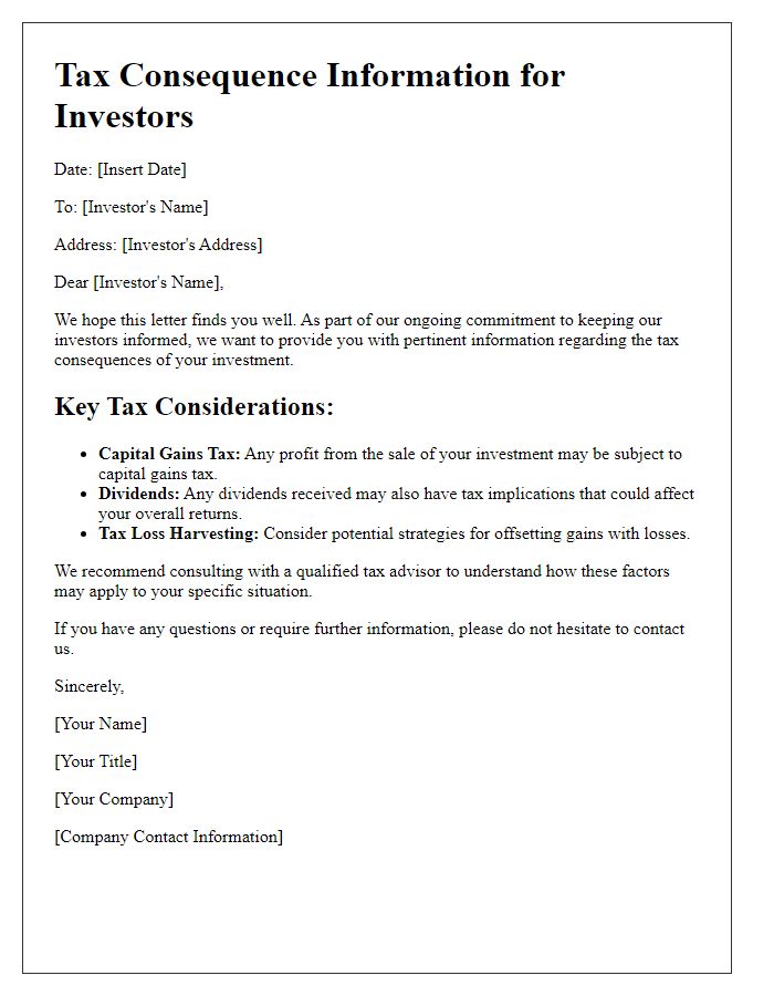 Letter template of tax consequence information for investors.