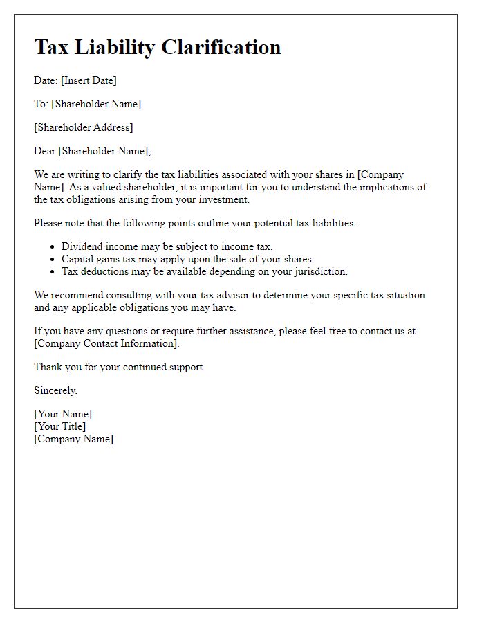 Letter template of tax liability clarification for shareholders.