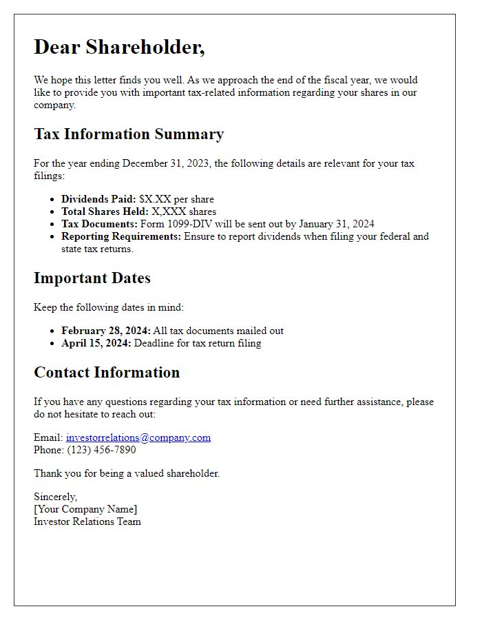 Letter template of tax-related information for shareholders.