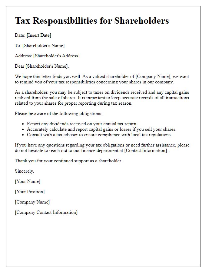 Letter template of tax responsibilities for shareholders.