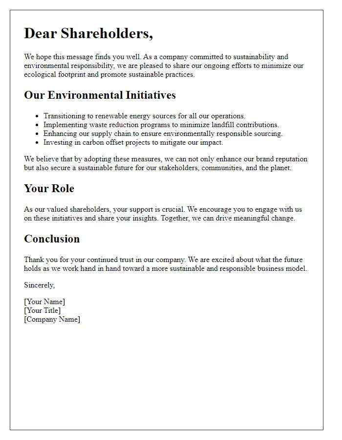 Letter template of communication regarding environmental responsibility measures for shareholders