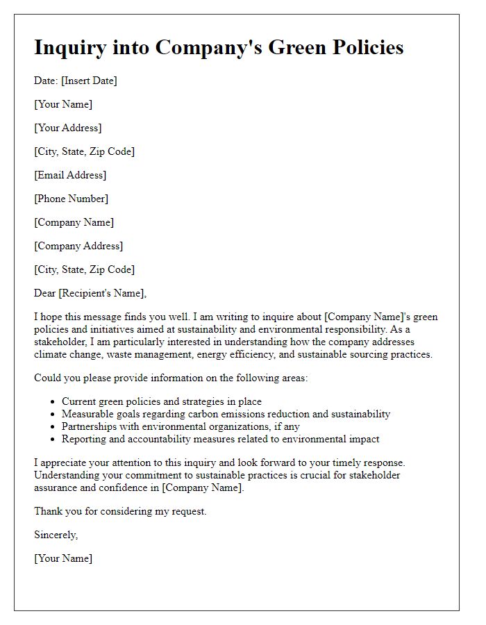 Letter template of inquiry into the company's green policies for stakeholder assurance