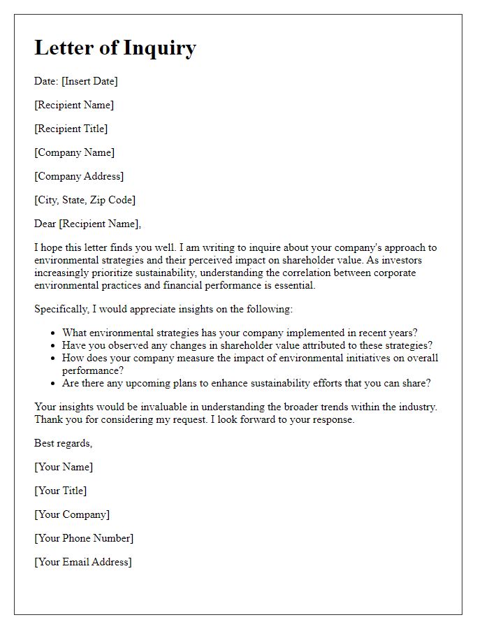 Letter template of inquiry into the impact of environmental strategies on shareholder value