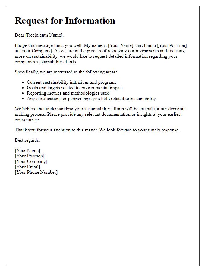 Letter template of request for information on sustainability efforts for investor review