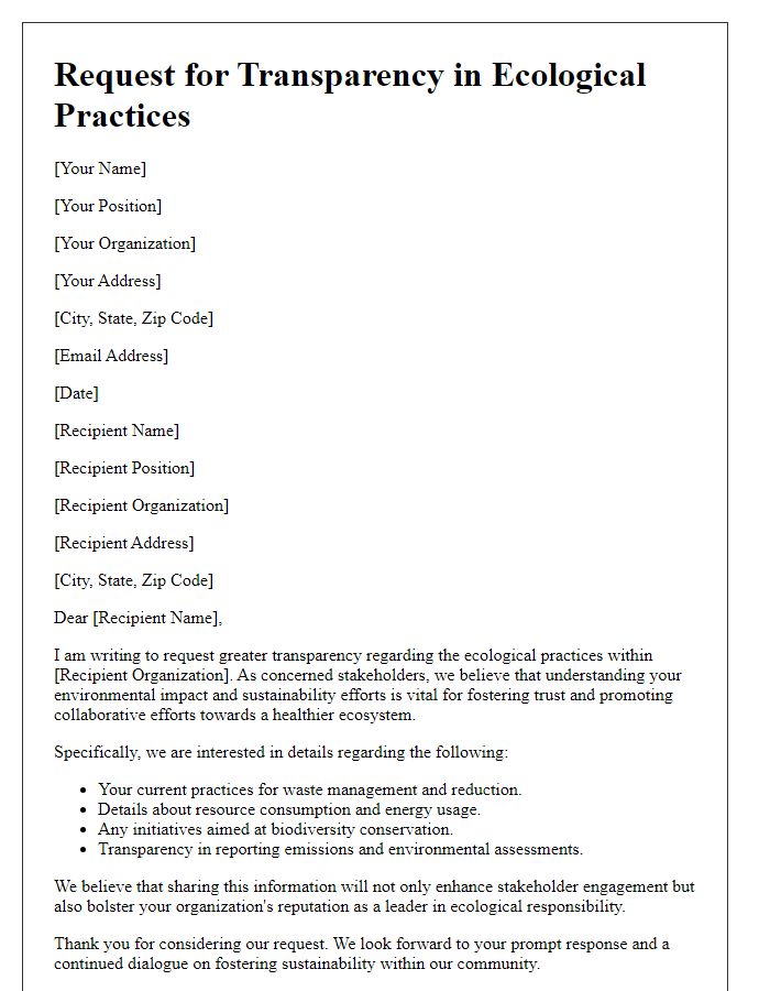 Letter template of request for transparency in ecological practices for stakeholders