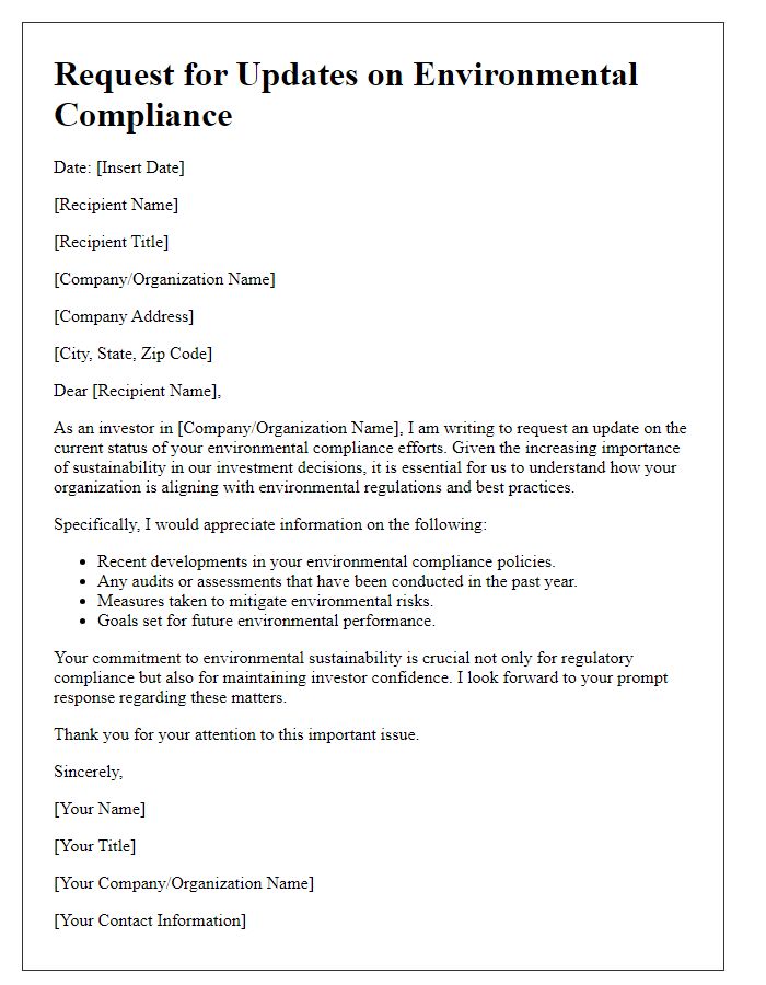 Letter template of request for updates on environmental compliance for investors