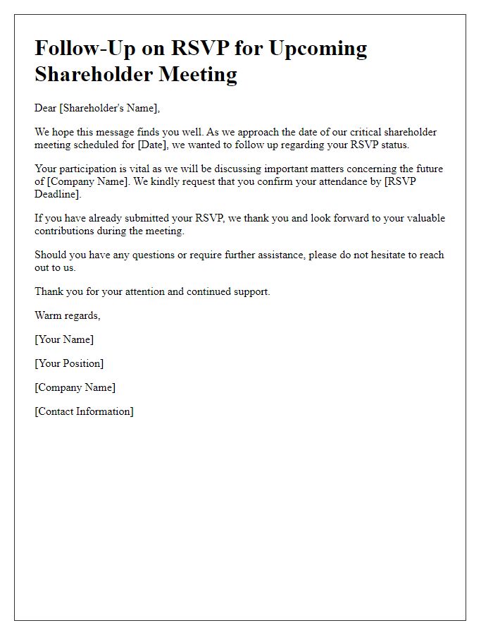 Letter template of follow-up for shareholder RSVP for critical meeting.