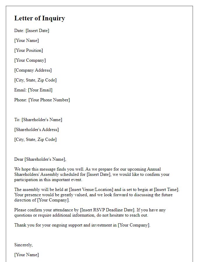 Letter template of inquiry to confirm shareholder participation in the annual assembly.