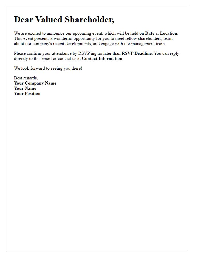 Letter template of notification for shareholders to RSVP for the upcoming event.