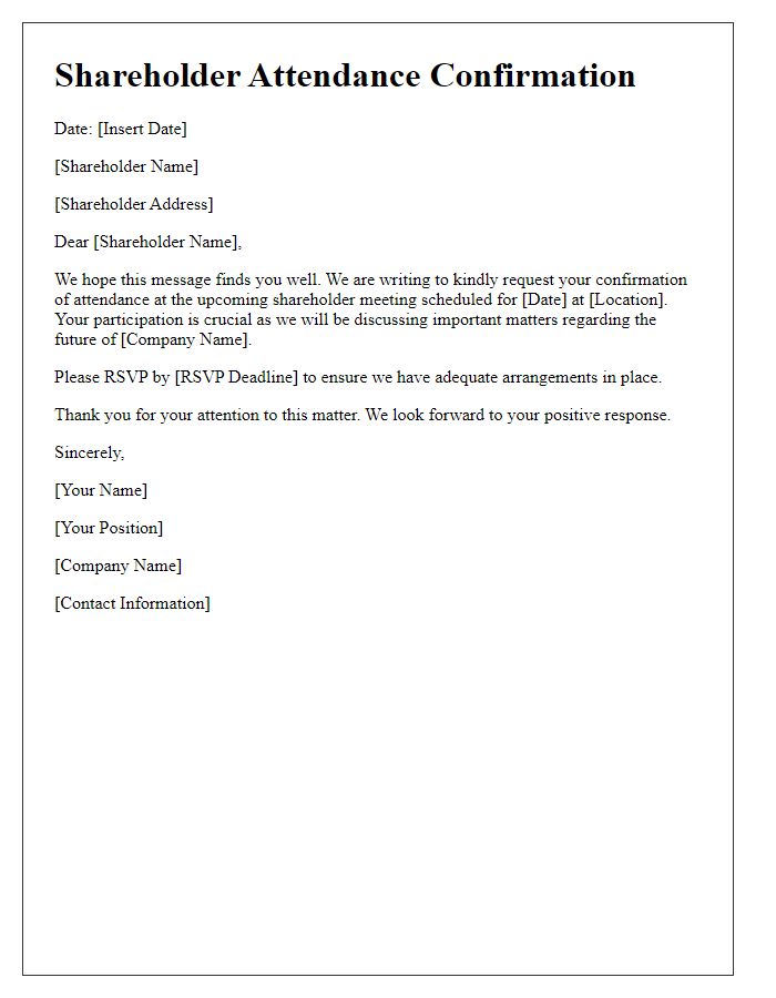 Letter template of request for shareholder attendance confirmation at the upcoming meeting.